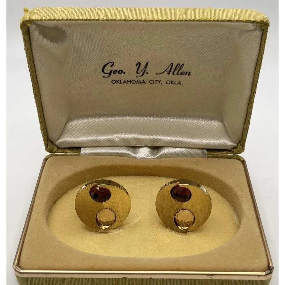 Vintage Gold Tone Textured Round Brown & Tan Crystal Encrusted Cuff Links New